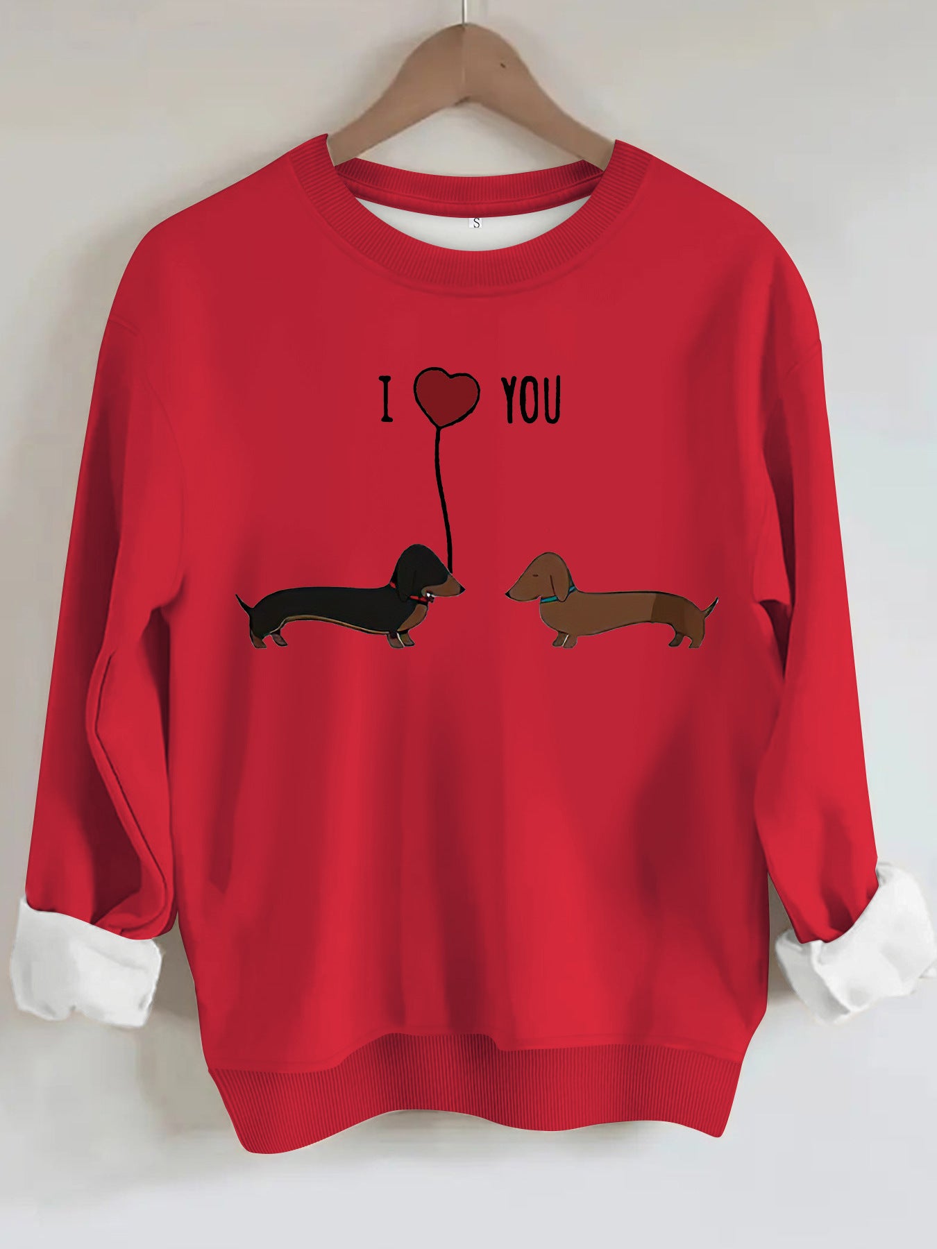 Red long sleeve hoodie with two dog print saying 'I ❤️ YOU', part of the two dog print hoodies collection.